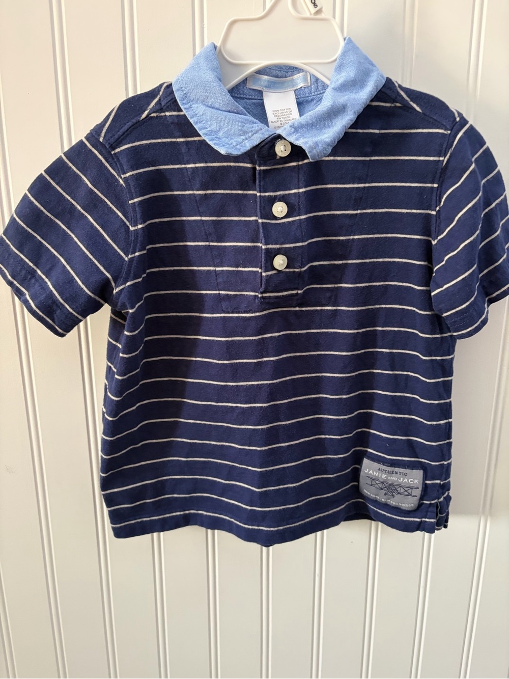 Janie and Jack Navy Stripe Polo Shirt with Light Blue Collar - kids